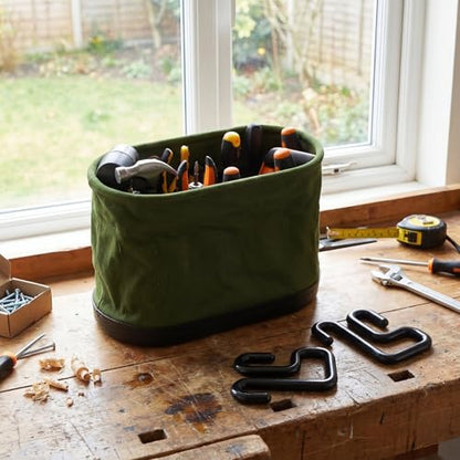Vesici 2 Set Military Green Canvas Bucket Bag Including Hooks Aerial Oval Lineman Tool Bucket with Black Polypropylene Bottom 15 Pockets Tool Organizer for Industrial Maintenance Construction Sites - color: Military Green