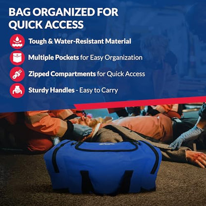 Fully Stocked Trauma First Aid Kit – First Responder II Bag with Tools, Gauze, Bandages, Scissors & Gloves – Compact & Portable – OSHA and ANSI Compliant – Blue - color: Blue