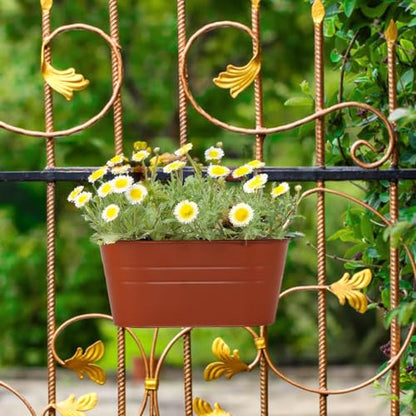 3 Pack Metal Railing Planters, 10.5" Oval Hanging Flower Pots with Detachable Hooks & Drainage Holes, Fits Rails up to 2.36", Galvanized Iron Fence Bucket for Balcony Garden Patio - Terracotta - color: Terracotta, size: 3 Pack, 10.5"L x 5.7"W x 4.7"H