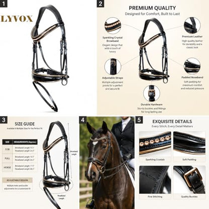 Rose Gold Crystal Horse Bridle – Premium Leather English Bridle with Padded Noseband & Browband, Elegant Rose Gold Hardware, Adjustable Horse Tack for Training, Dressage & Show Riding - size: Warmblood/Over