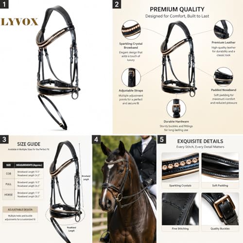 Rose Gold Crystal Horse Bridle – Premium Leather English Bridle with Padded Noseband & Browband, Elegant Rose Gold Hardware, Adjustable Horse Tack for Training, Dressage & Show Riding - size: Medium/Cob