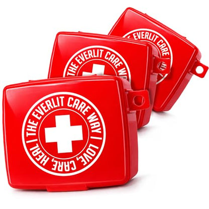 EVERLIT Pocket-Aid Kit | Travel-Friendly Hard-Shell Cases with 50 Items for Cuts, Scrapes, Burn & Wound Care | Pack of 3 Mini First Aid Kits for Travel, Outdoor, School, Camping, Home, Office (Red) - color: Red