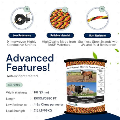 My Animal Command 1/8 Inch Thick Polywire Electric Fence 3280 Feet/1000m