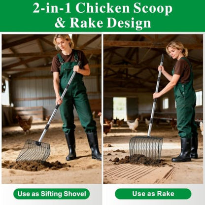 Chicken Poop Scooper & Rake 2-in-1, 25" to 67" - size: 11.8"L x 9.5"W x 3.5"H