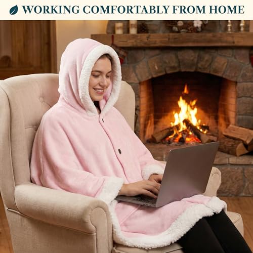 PAVILIA Hooded Blanket Poncho for Women, Fleece Wearable Shawl Wrap, Pink | Fleece Shawl Wrap with Hood, Adult Wearable Blanket, Cozy Warm Poncho Cape Throw with Pockets, Gift for Elderly Mom - color: Pink