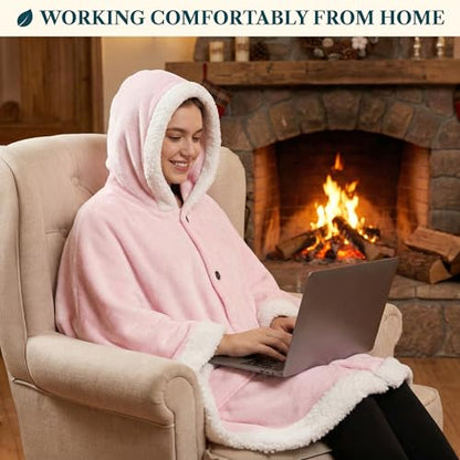 PAVILIA Hooded Blanket Poncho for Women, Fleece Wearable Shawl Wrap, Pink | Fleece Shawl Wrap with Hood, Adult Wearable Blanket, Cozy Warm Poncho Cape Throw with Pockets, Gift for Elderly Mom - color: Pink
