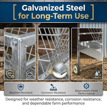 for Goats Sheep and Lambs Livestock Feeder, 2 in 1 Hay and Grain Freestanding Unit, Galvanized Steel Farm Feeder for Barn Pasture, Multi-Species Feeding Station