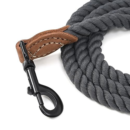 Mile High Life Dog Leash Braided Cotton Rope with Leather-Reinforced Ends - color: Dark Grey, size: 72 Inch-1/2"