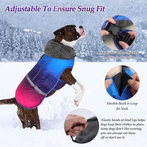 Dogcheer Warm Dog Coat, Waterproof Dog Winter Jacket Christmas Puppy Cold Weather Coats with Buckle, Reflective Adjustable Pet Snow Jacket for Small Medium Large Dogs - Gradient Blue-red, S - color: Gradient Blue-red, size: Small
