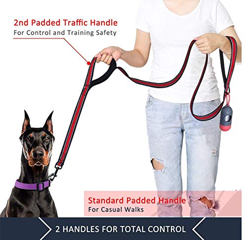 JSXD 5 FT Heavy Duty Double Handle Dog Leash with Comfortable Padded and Reflective Rope, Suitable for Small, Medium, Large Dogs (Wide-Red) - color: Wide-Red