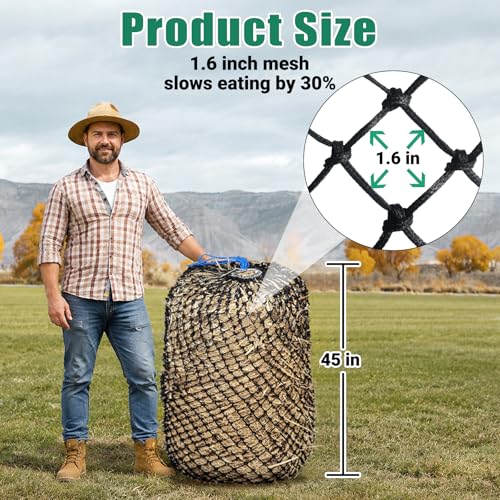 Premium Slow Feed Hay Net for Horses – Durable Black PE Square Hay Bales Bags,Drawstring Closure & Extends 50-64 Inches for Easy Loading,Fits 36x18x18 to 47x25x17 Inches