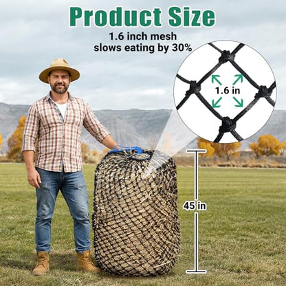 Premium Slow Feed Hay Net for Horses – Durable Black PE Square Hay Bales Bags,Drawstring Closure & Extends 50-64 Inches for Easy Loading,Fits 36x18x18 to 47x25x17 Inches