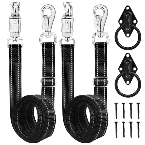 Heavy-Duty Cross Ties for Horses - Adjustable Nylon Horse Trailer Ties with Strong Panic Snap & Bull Snap (59"-102"), Set with 2 Pack Tie Rings & 8 Matching Screws (Black)
