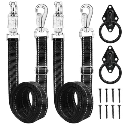 Heavy-Duty Cross Ties for Horses - Adjustable Nylon Horse Trailer Ties with Strong Panic Snap & Bull Snap (59"-102"), Set with 2 Pack Tie Rings & 8 Matching Screws (Black)