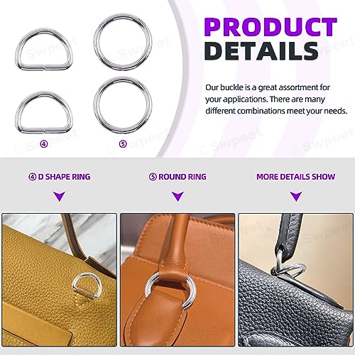 Swpeet 5 Style Metal Buckles - Adjustable Slide, D Ring, Circular Ring - color: Silver, size: 3/4 Inch