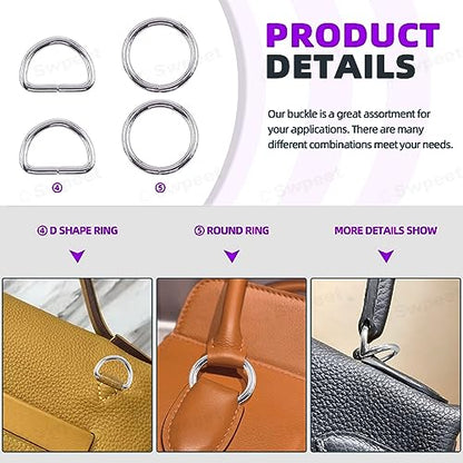 Swpeet 5 Style Metal Buckles - Adjustable Slide, D Ring, Circular Ring - color: Silver, size: 3/4 Inch