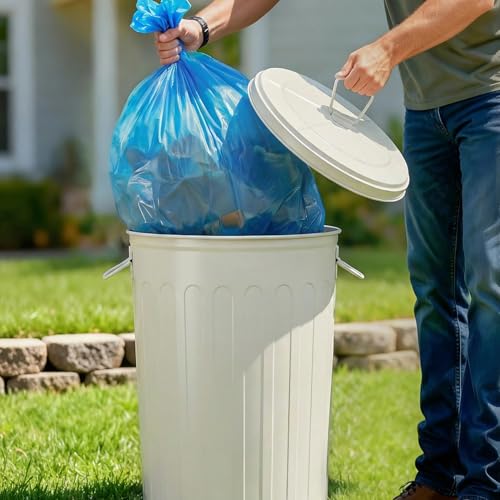 Plexon 20 Gallon Metal Trash Can with Lid Outdoor Large Trash Bin Steel Garbage Can for Garage Patio Farmhouse Bucket Bird Seed Storage Can Heavy Duty Round Container, Off-White - color: Off-White