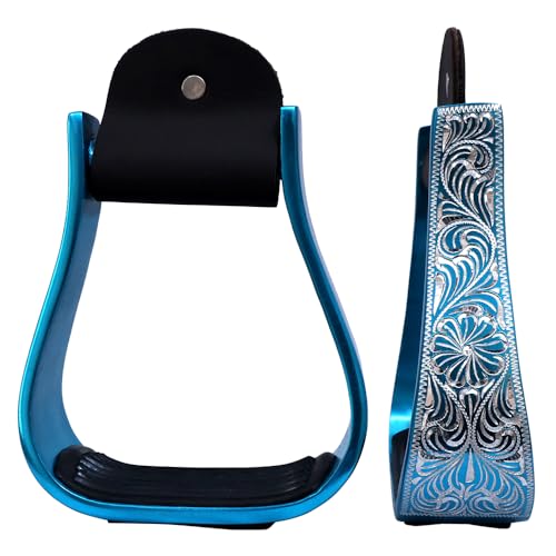 HILASON Western Aluminum Horse Riding Stirrups – Engraved Floral Design with Rubber Tread - color: Turquoise
