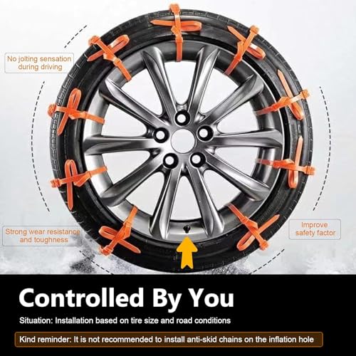 12 PCS Car Snow Tire Chains, Anti-skid Non-slip Traction Strap for Winter Ice & Mud, Adjustable Thickened Tire Zip Tie, Portable Emergency Accessory for Cars SUVs Trucks (Orange)