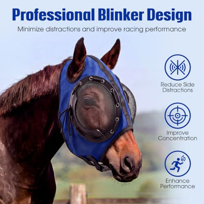 Adjustable Horse Fly Mask with Detachable Blinker, 60% UV Protection - color: Blue