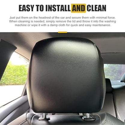2PCS Cars Headrest Covers, Full Wrap-around Leather Headrest Covers for Cars, Reusable Elastic Dust Cover, Waterproof Headrest Cover, Universal Car Accessories for Most Cars (Black)