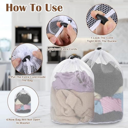 2Pcs Mesh Laundry Bags, White Travel Small Laundry Sock Bag, Machine Washable Drawstring Mesh Bags, Sock Bag for Home Dorm Hotel Travel Use(12×16Inch, 16×20Inch)