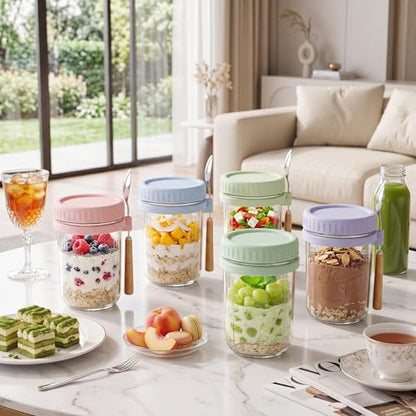 16oz Glass Overnight Oats Containers with Lids & Spoons, 6 Pack MultiColor - color: Misty Colors - 6 Pack