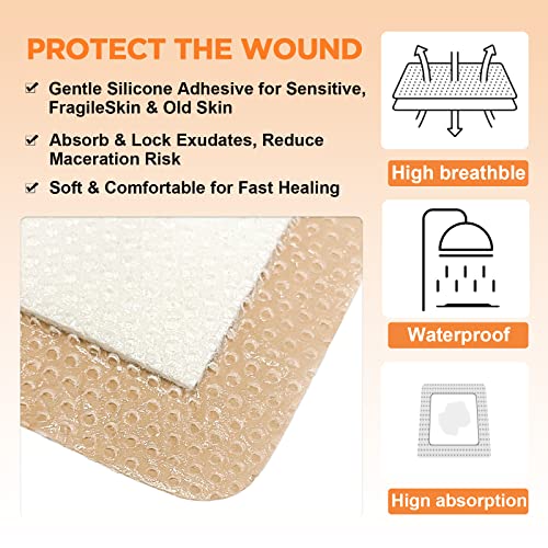 Carbou Silicone Foam Dressing with Gentle Border, 3"x3", 10 Pack | Adhesive Waterproof Wound Dressing Bandage, High Absorbency Pad, Foam Bandage for Wound Care - size: 3x3 Inch (Pack of 10)