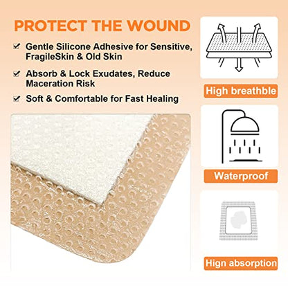 Carbou Silicone Foam Dressing with Gentle Border, 3"x3", 10 Pack | Adhesive Waterproof Wound Dressing Bandage, High Absorbency Pad, Foam Bandage for Wound Care - size: 3x3 Inch (Pack of 10)