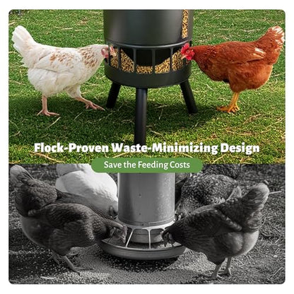 KOL 50LB Metal Chicken Feeder - No Waste, No Clog Design with 16 Ports & Smooth Gravity-Flow, Powder Coated Rust-Proof for Coop Use (Black) - color: Black