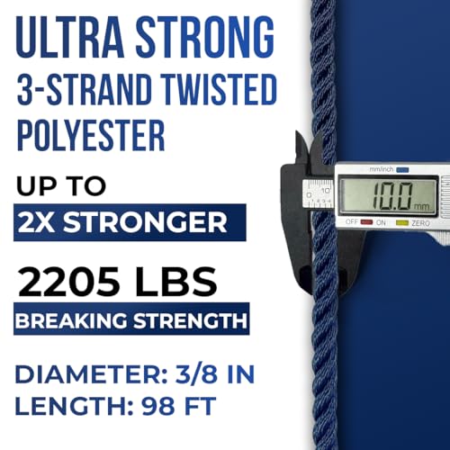 Heavy Duty Twisted PP/Polyester/Nylon Rope, Weather-Resistant & Waterproof Rope for Pool, Marine, Camping, Household Use, Construction & Rigging Applications (Navy, 3/8in X 98FT) - color: Navy, size: 3/8in X 98FT