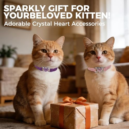 BINGPET Diamond Cat Collar with Bell, Adjustable Kitten Collar, Purple&Pink - color: Pink & Purple(Heart), size: Neck Girth 8"-10"