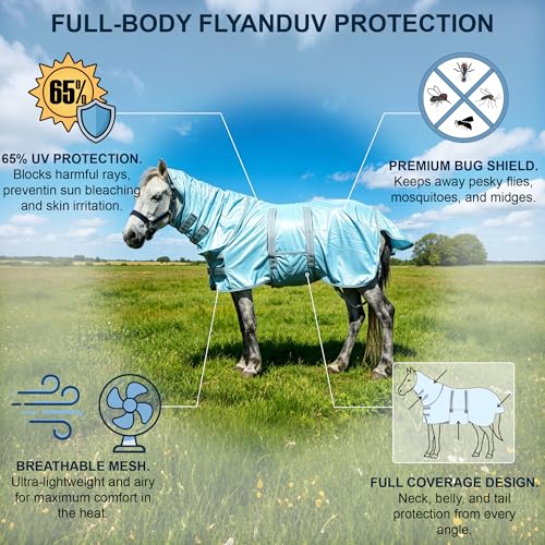 Mini Horse & Pony Mesh Fly Sheet with Neck & Belly Wrap Blue 58 - color: Cyan Blue, size: 58"