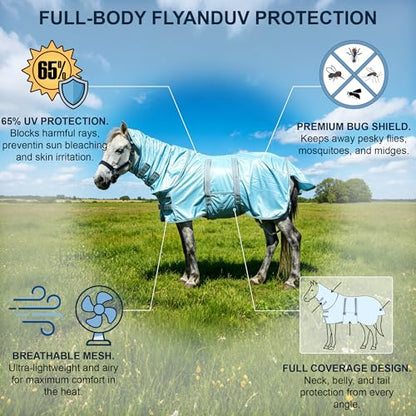 Mini Horse & Pony Mesh Fly Sheet with Neck & Belly Wrap Blue 36 - color: Cyan Blue, size: 36"