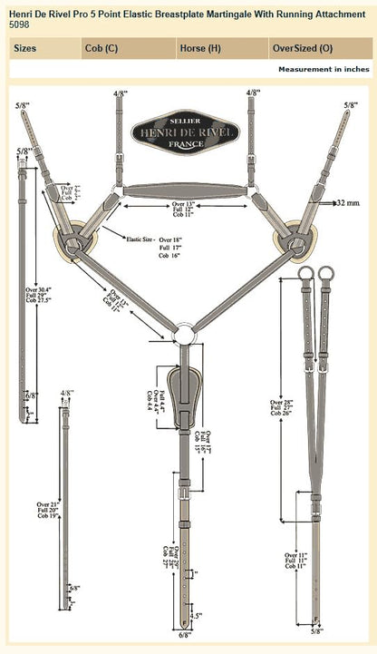 Henri de Rivel Pro 5 Point Elastic Breastplate Martingale with Running Attachment - color: Australian Nut