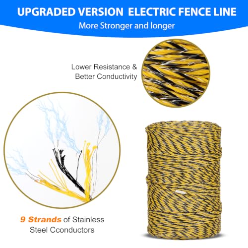 Electric Fence Wire Kit - Upgraded 660 Feet 9 Strands Electric Fence Polywire with Reliable Conductivity & Rust Resistance - 50 Pcs Electric Fenceing Insulator with 1 Pcs Socket Tool & Gloves - color: 656FT-KIT