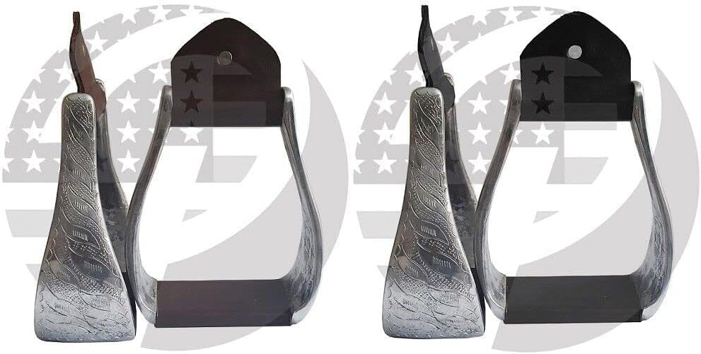 Aluminum Engraved 4.75" Adult Western Horse Bell Stirrups with Original Leather - color: BLACK LEATHER