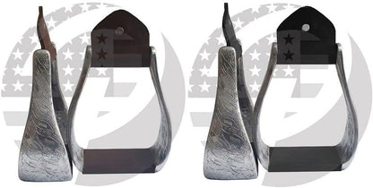 Aluminum Engraved 4.75" Adult Western Horse Bell Stirrups with Original Leather - color: BLACK LEATHER