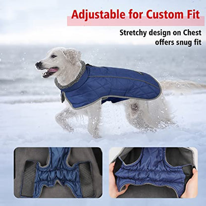Fragralley Dog Coat Large, Waterproof Dog Jacket with Warm Fleece Lining, Adjustable Reflective Dogs Winter Coat, Turtleneck Pet Coats for Cold Weather (Blue L) - color: Blue, size: Large