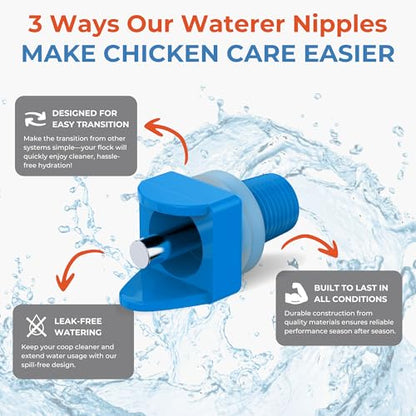 Lil'Clucker Horizontal Chicken Waterer Nipples, Pack of 15 Chicken Nipple Waterer with Drill Bits, Easy Install Automatic Chicken Waterer System, No Leak Chicken Water Feeder, Poultry Waterer - Blue - color: Blue