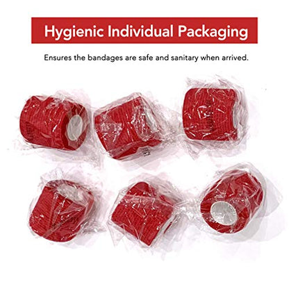 RISEN Cohesive Bandage 2” x 5 Yards, 6 Rolls, Self Adherent Wrap Medical Tape, Adhesive Flexible Breathable First Aid Gauze Ideal for Stretch Athletic - color: Red, size: 6 Count (Pack of 1)