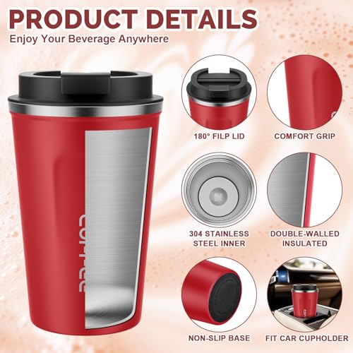 MOMSIV 12oz Travel Coffee Mug, Insulated Coffee Cup with Leakproof Lid - color: A-Red-12oz