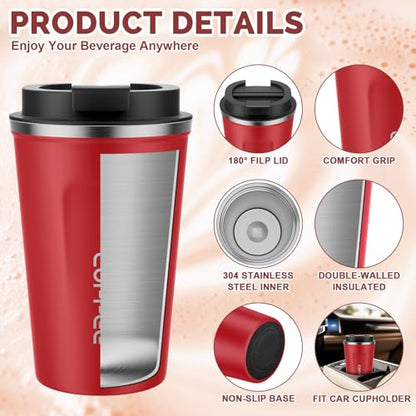 MOMSIV 12oz Travel Coffee Mug, Insulated Coffee Cup with Leakproof Lid - color: A-Red-12oz