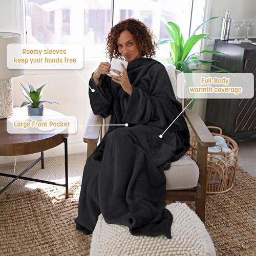 Catalonia Wearable Blanket with Sleeves for Women & Men, Fleece Wrap Throw - color: Black