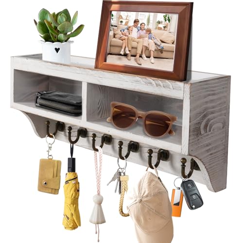 Key Holder Wall Mount with Mail Organizer, 6 Hooks & Shelf, White | Wood Key Holder Wall Mount with 6 Key Hooks, Shelf & Storage Box and Mail Organizer for Entryway, Apartment, Home and Office - color: White