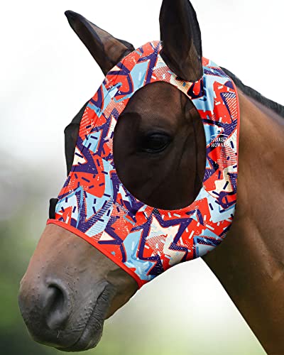 Harrison Howard Super Comfort Stretchy Fly Mask Large Eye Space with UV Protection Soft on Skin with Breathability Orange Geo Print Full Size - color: Orange Geo-Print, size: Full(Large)
