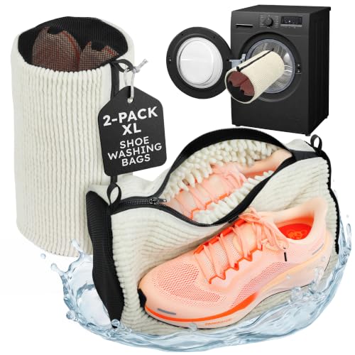 Shoe Washing Machine Bag (2-Pack), Color-Safe Non-Bleeding Reusable Fabric, Premium XL Shoe Laundry Bag for Washer & Dryer – Cleans Sneakers, Tennis Shoes, Delicates, Lingerie (8"x16")