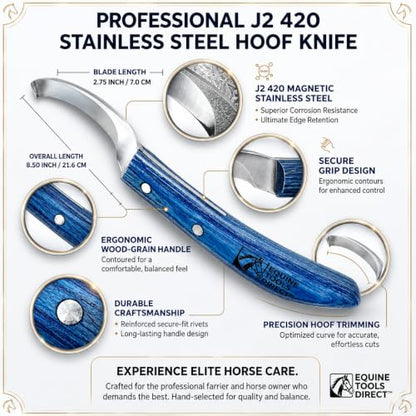 Right-Hand Curved Blade Hoof Knife, J2 420 Magnetic Stainless Steel Blade, Ergonomic Blue Handle, Farrier Horse Hoof Trimming Tool for Sole & Frog Paring - style: Right-Handed