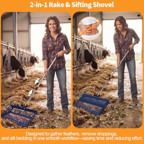 Chicken Poop Scooper Rake, 2-in-1 304 Stainless Steel 15 Inch Scoop - color: blue