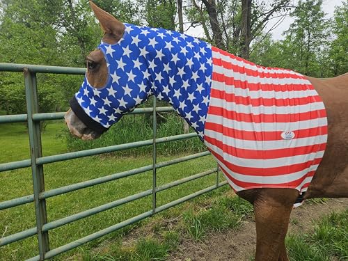 Derby Originals Stars & Stripes Lycra Horse Sleazy Hood with Zipper, Fleece Noseband, Belly Strap – Stretch Neck Cover for Average Horses, Great for Shows & Parades (72"-76")